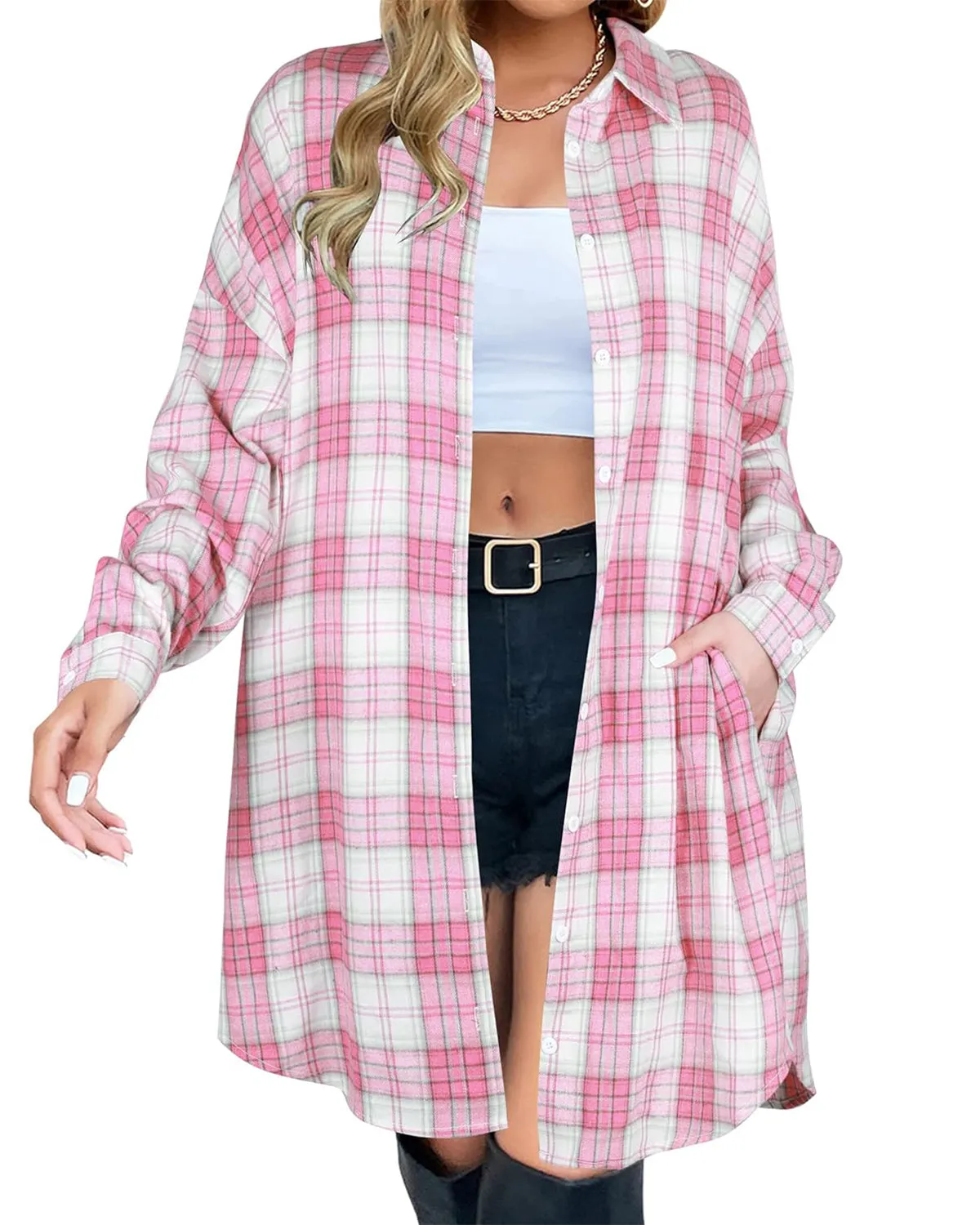 🔥2025 NEW SALES - 50% OFF🔥Women's Button Down Flannel Shirts Plaid Shacket Collared Long Jacket Coats