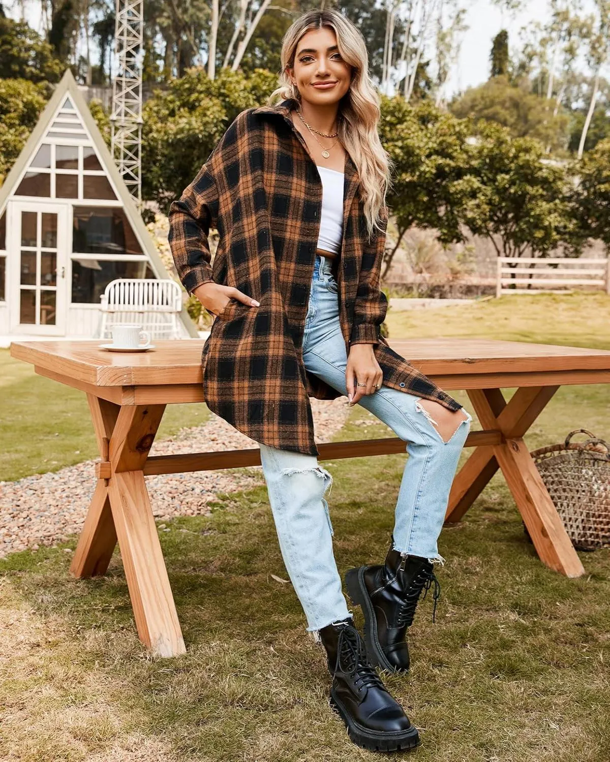 🔥2025 NEW SALES - 50% OFF🔥Women's Button Down Flannel Shirts Plaid Shacket Collared Long Jacket Coats