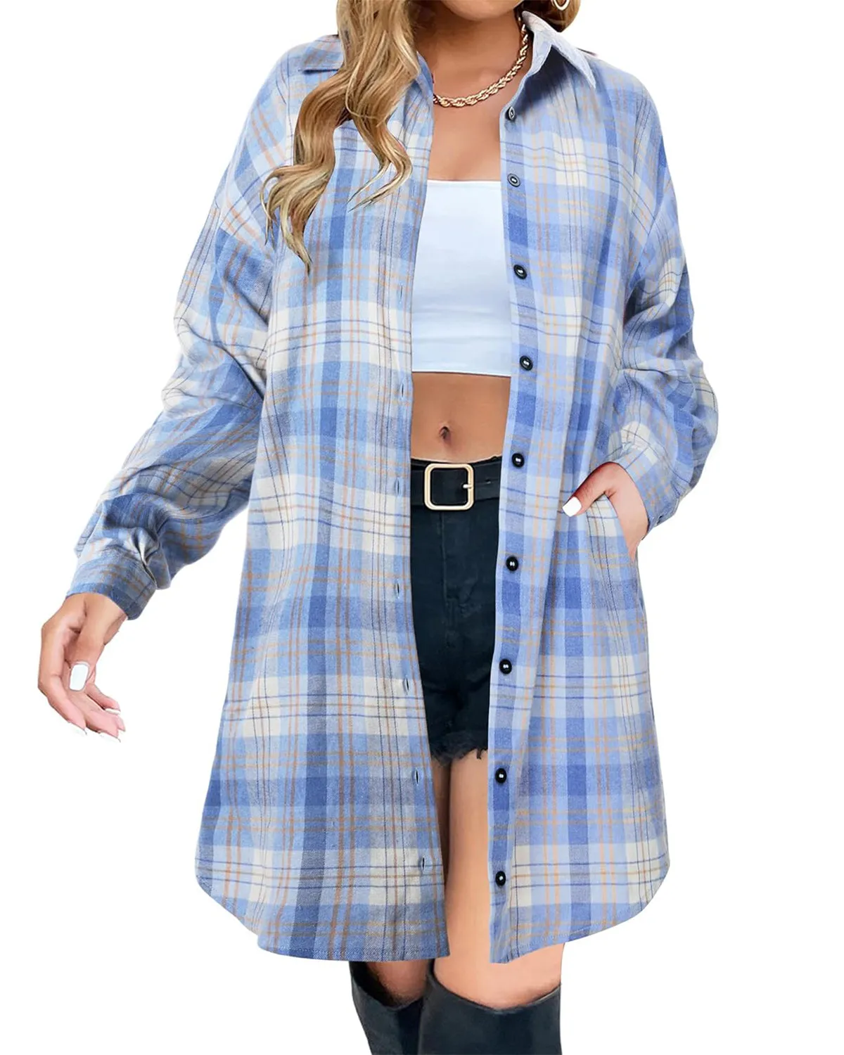 🔥2025 NEW SALES - 50% OFF🔥Women's Button Down Flannel Shirts Plaid Shacket Collared Long Jacket Coats