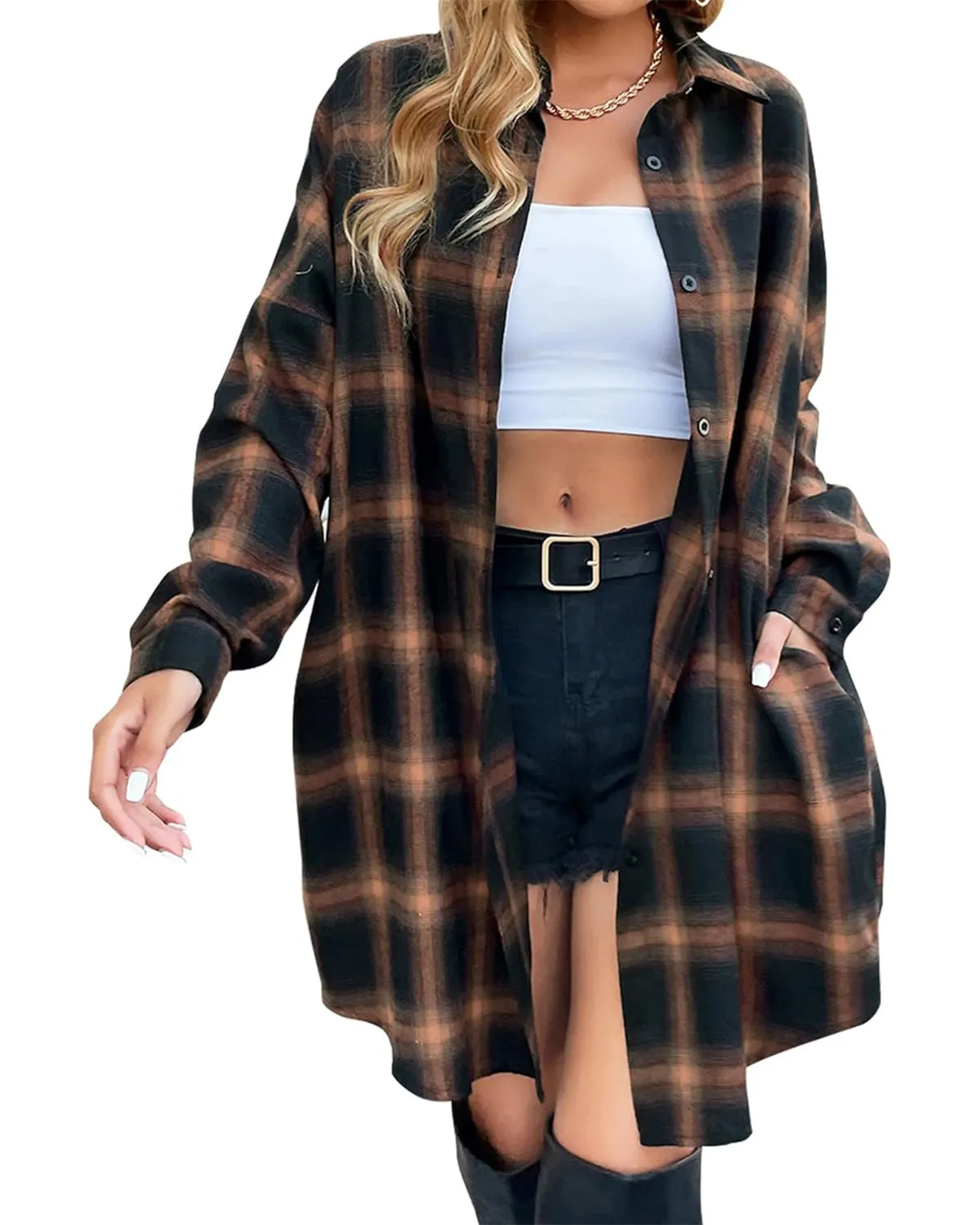 🔥2025 NEW SALES - 50% OFF🔥Women's Button Down Flannel Shirts Plaid Shacket Collared Long Jacket Coats