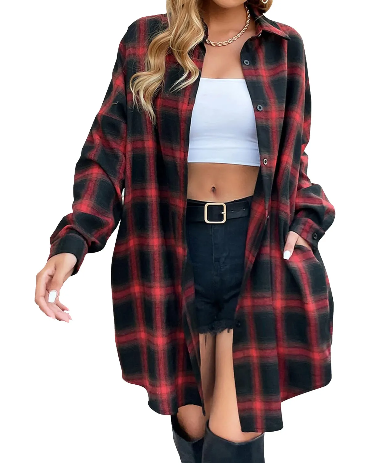 🔥2025 NEW SALES - 50% OFF🔥Women's Button Down Flannel Shirts Plaid Shacket Collared Long Jacket Coats