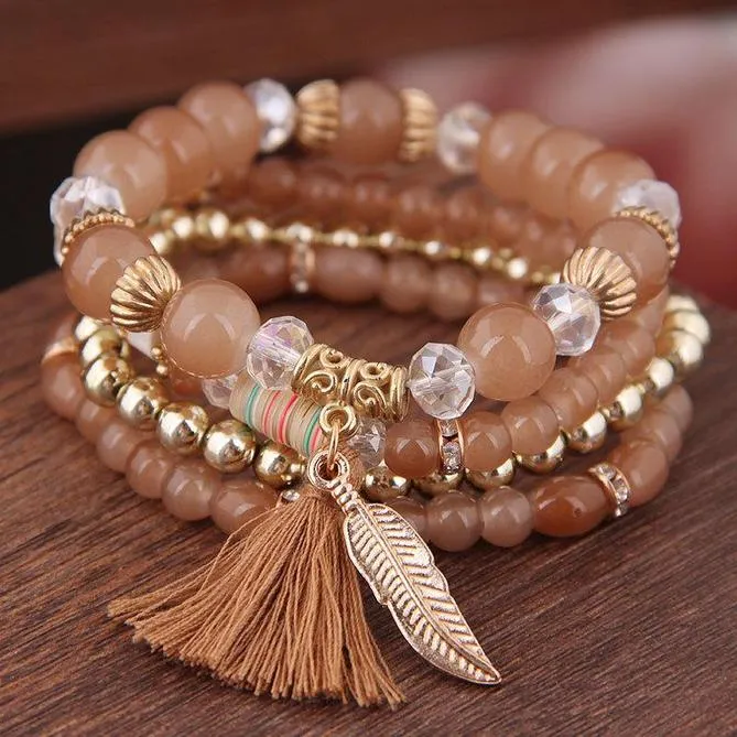 4pc Bohemian   Multi Layer Bracelets Tassel and Feather Charm
