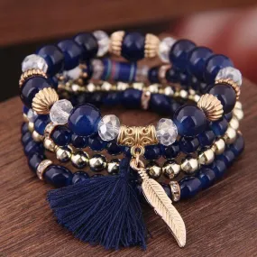 4pc Bohemian   Multi Layer Bracelets Tassel and Feather Charm