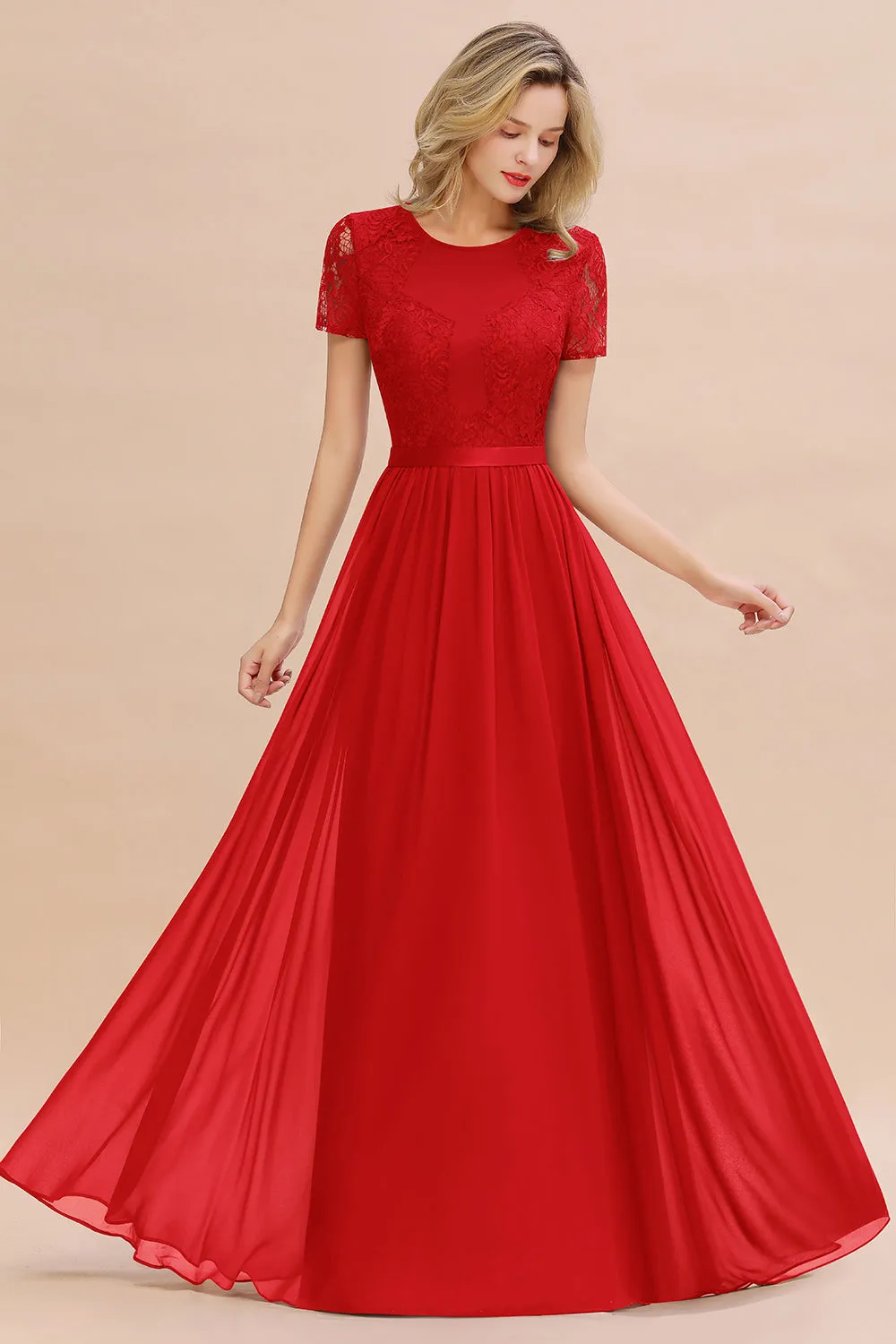 A-line Chiffon Lace Scoop Long Bridesmaid Dress with Sleeves