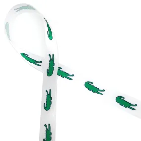Alligator ribbon green alligators with navy blue outline printed on 5/8" white satin