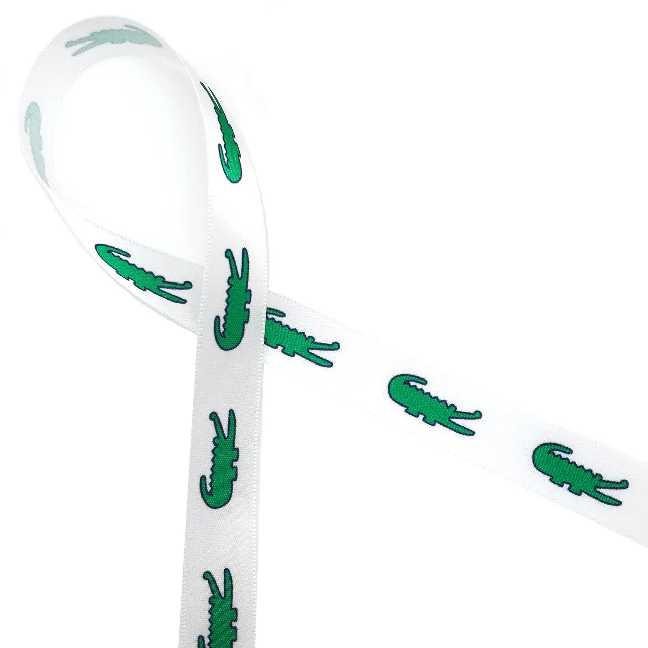 Alligator ribbon green alligators with navy blue outline printed on 5/8" white satin