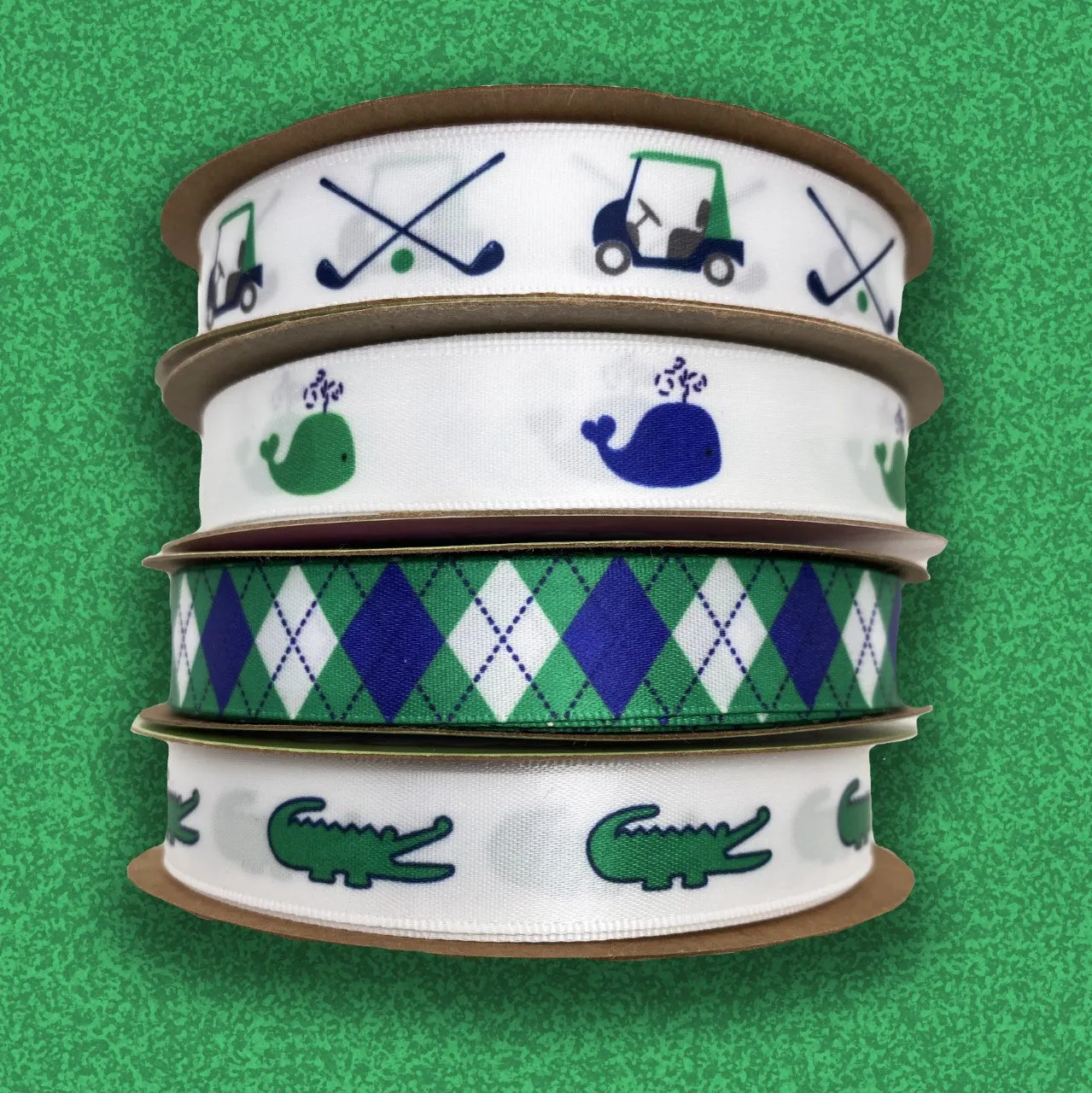 Alligator ribbon green alligators with navy blue outline printed on 5/8" white satin