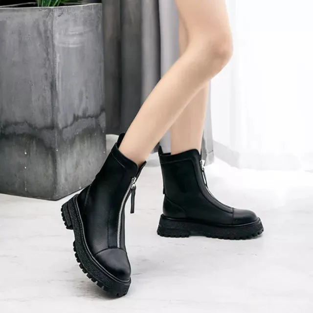 Autumn Winter Split Leather Women Ankle Boots Shoes Thick Bottom