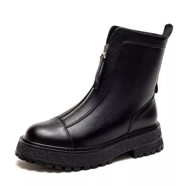 Autumn Winter Split Leather Women Ankle Boots Shoes Thick Bottom