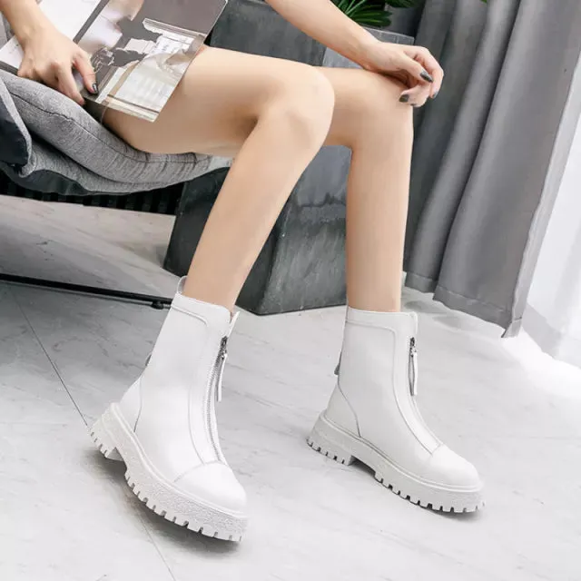 Autumn Winter Split Leather Women Ankle Boots Shoes Thick Bottom