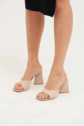 Beige Suede Square Toe High Heeled Mule Sandal
