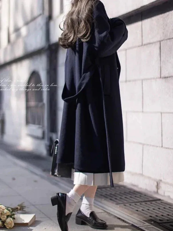 Double-Breasted College Elegant Wool Cocoon Coat Blue