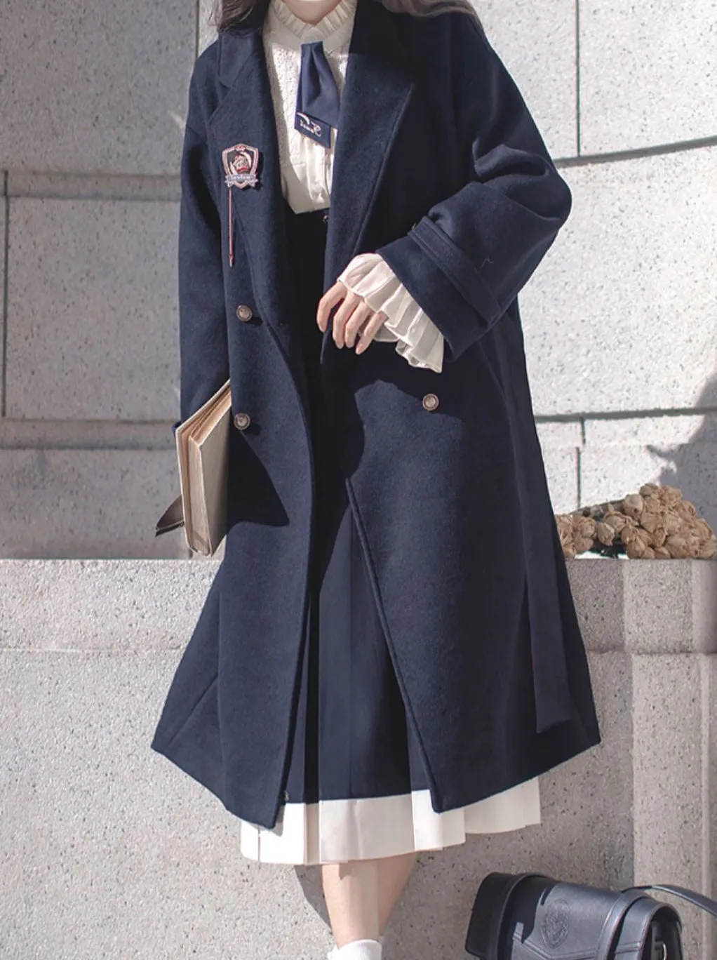 Double-Breasted College Elegant Wool Cocoon Coat Blue