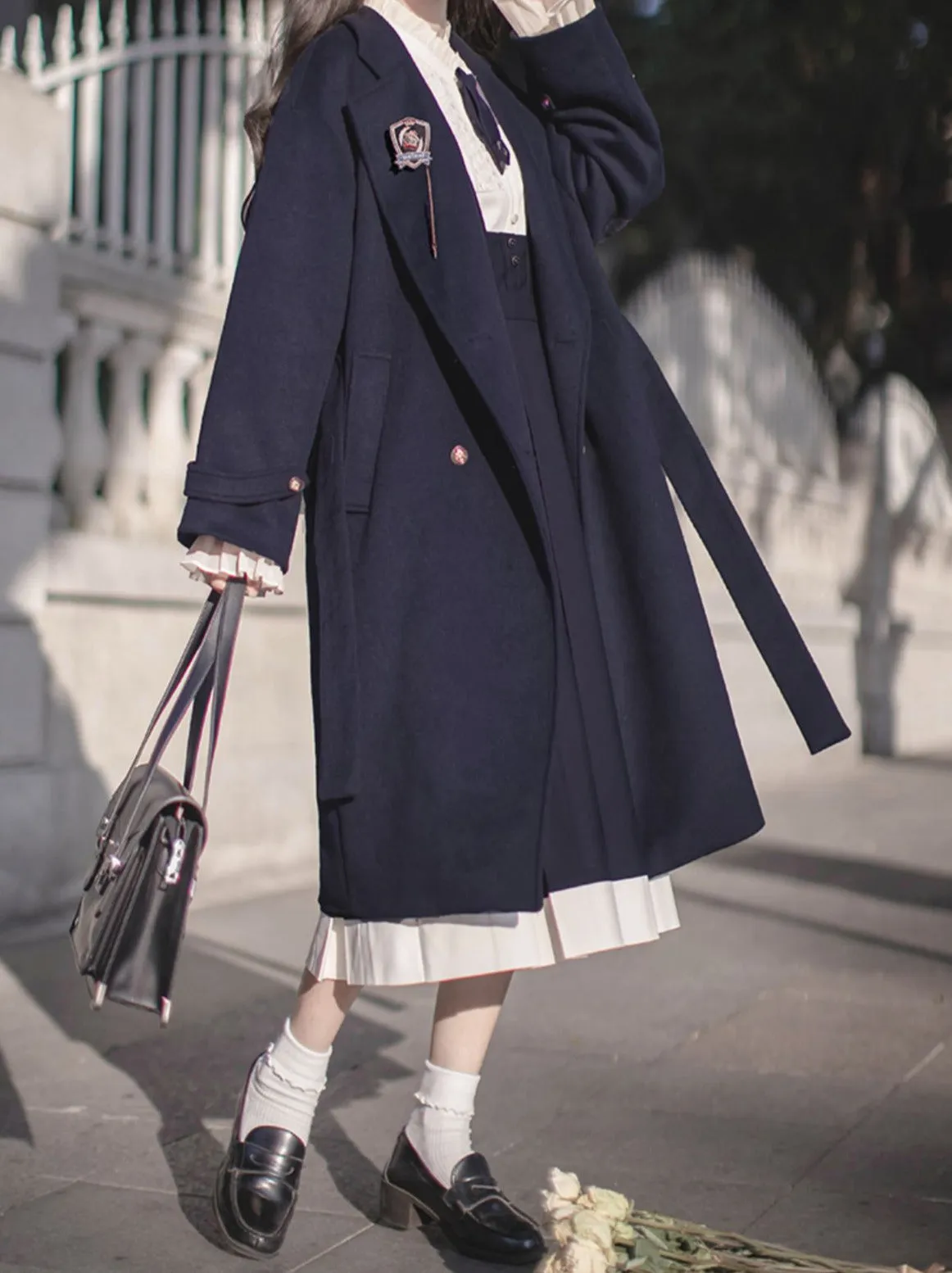 Double-Breasted College Elegant Wool Cocoon Coat Blue