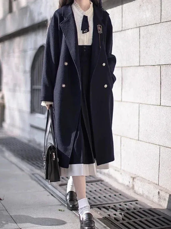 Double-Breasted College Elegant Wool Cocoon Coat Blue