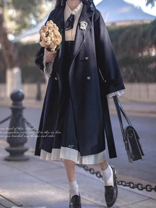 Double-Breasted College Elegant Wool Cocoon Coat Blue