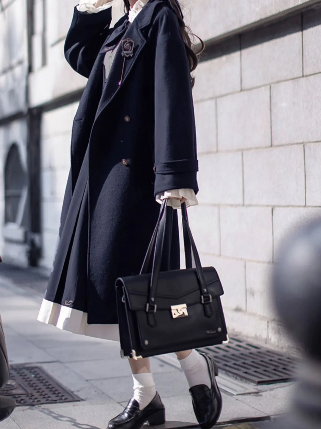 Double-Breasted College Elegant Wool Cocoon Coat Blue
