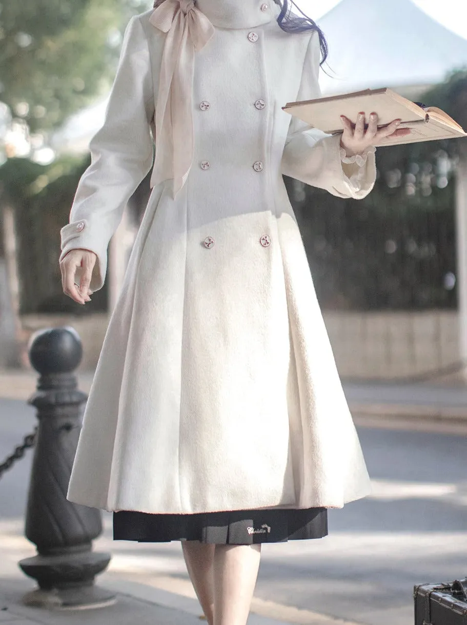 Elegant Stand Ribbon Double Retro Coat Wool Breasted Collar