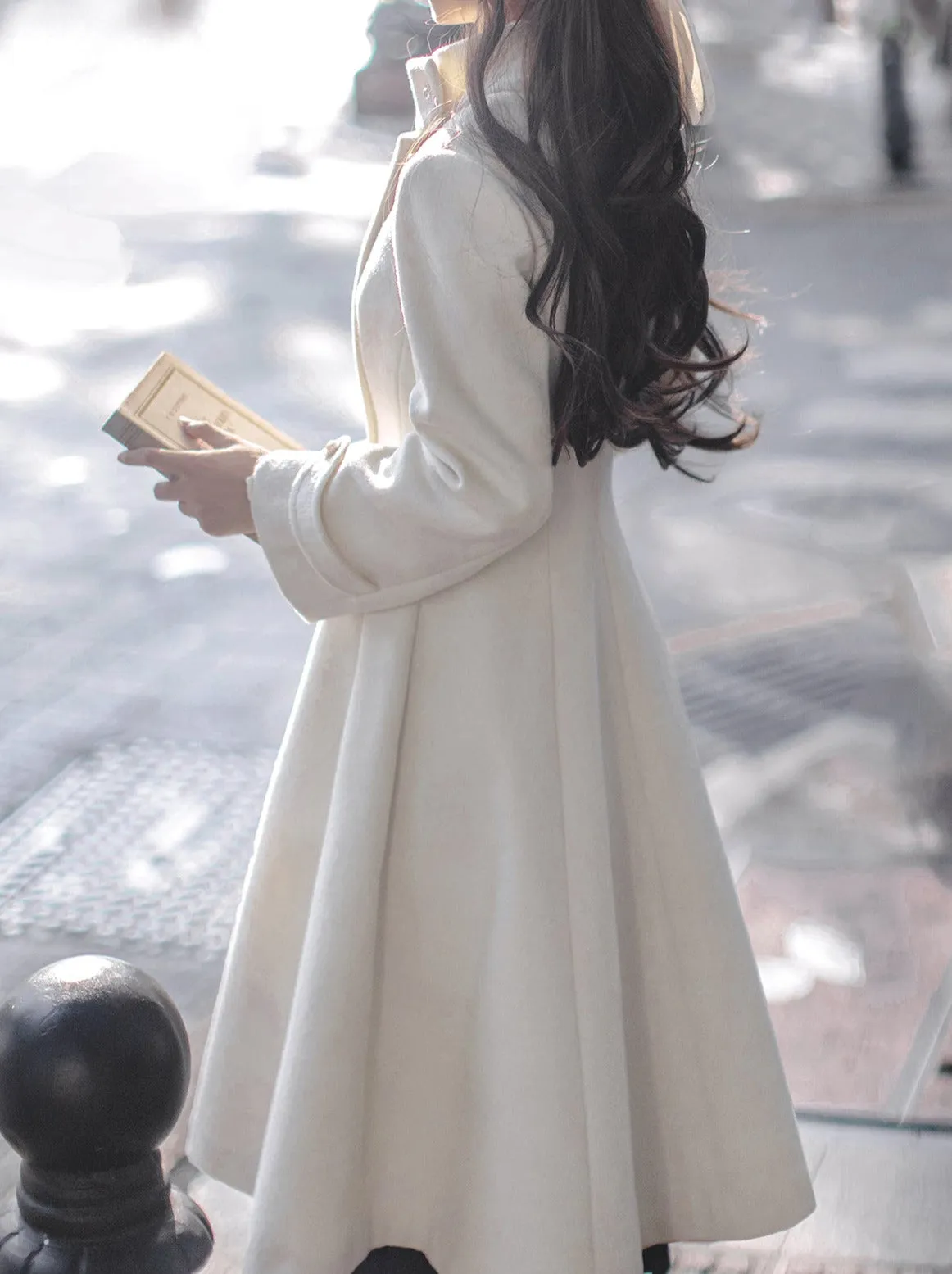 Elegant Stand Ribbon Double Retro Coat Wool Breasted Collar