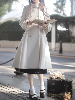 Elegant Stand Ribbon Double Retro Coat Wool Breasted Collar