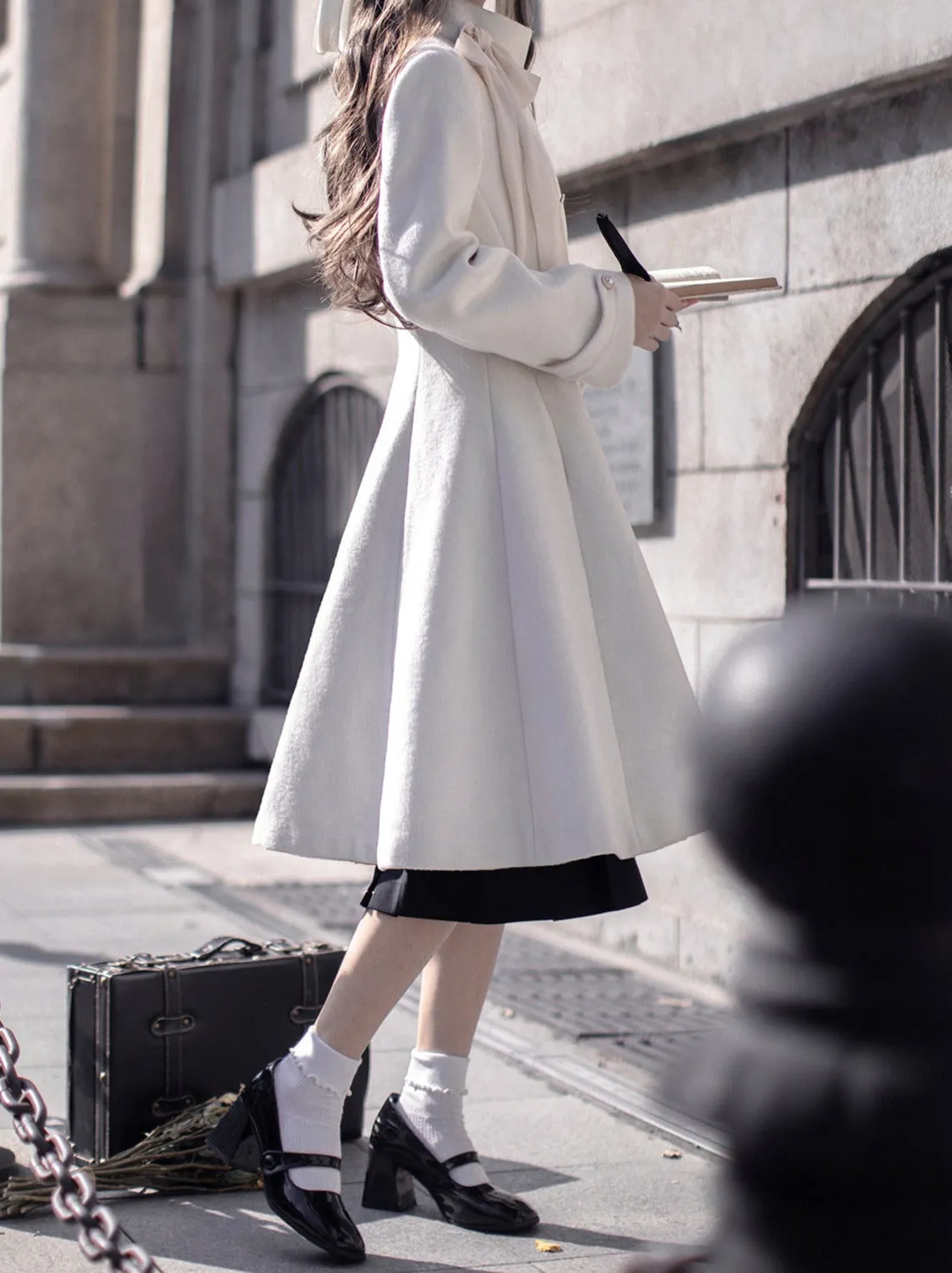 Elegant Stand Ribbon Double Retro Coat Wool Breasted Collar