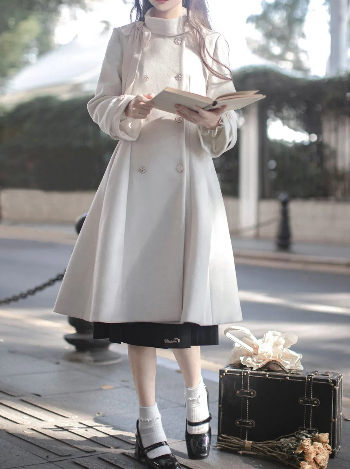 Elegant Stand Ribbon Double Retro Coat Wool Breasted Collar