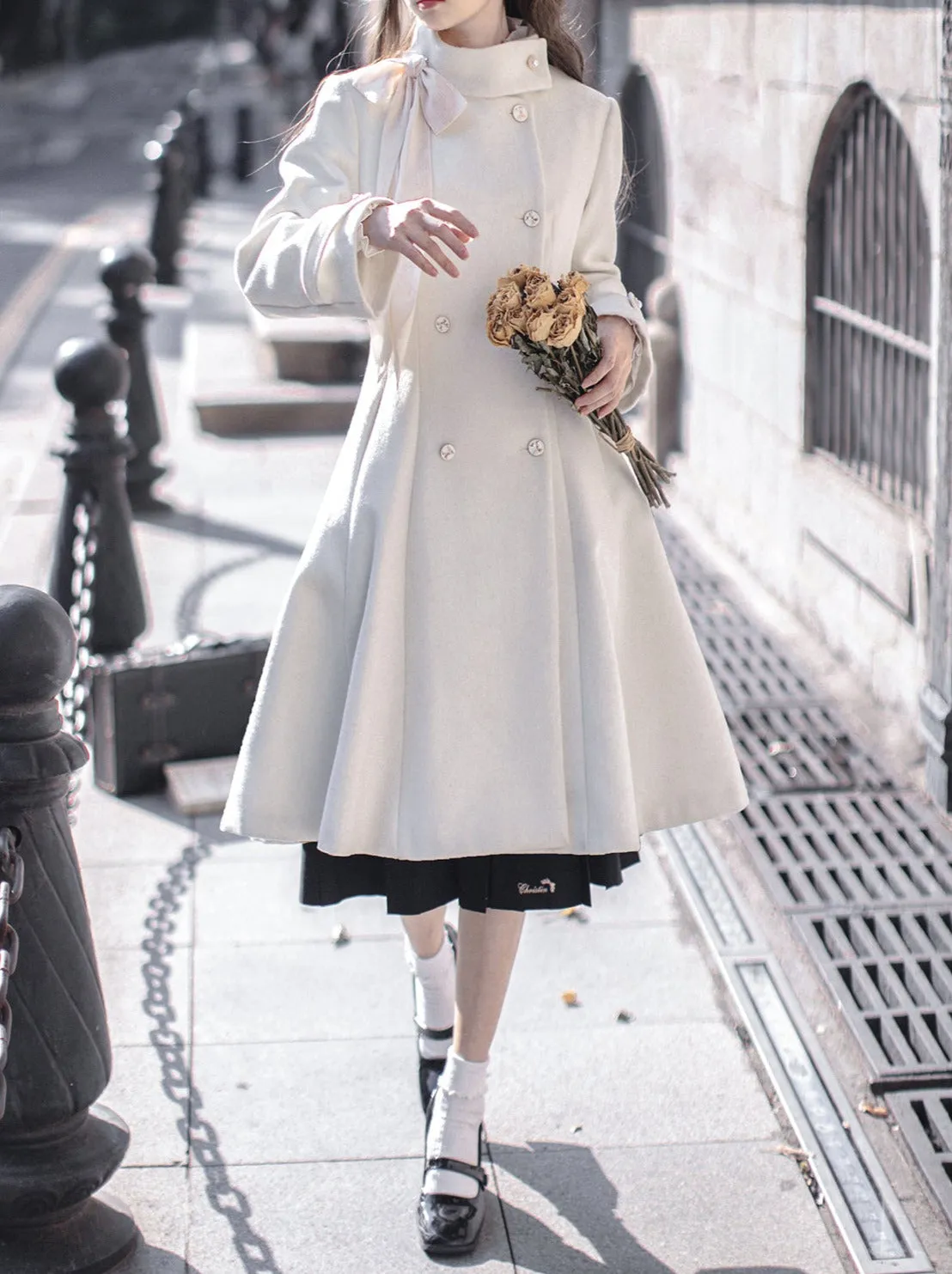 Elegant Stand Ribbon Double Retro Coat Wool Breasted Collar