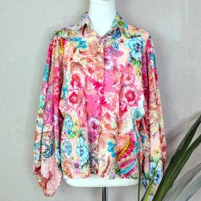Embroidery anglaise flower print 70's style cotton shirt with elasticated balloon sleeves