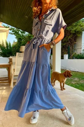 GNS Woman Blue Half Pleated Skirt Self-Belted Loose Dress Bst3336 - Iserlohn
