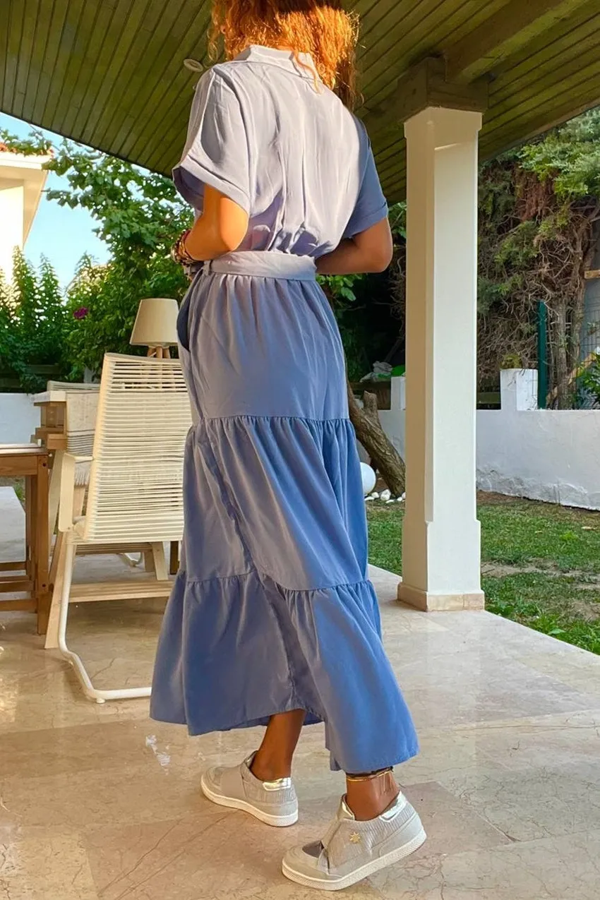 GNS Woman Blue Half Pleated Skirt Self-Belted Loose Dress Bst3336 - Iserlohn
