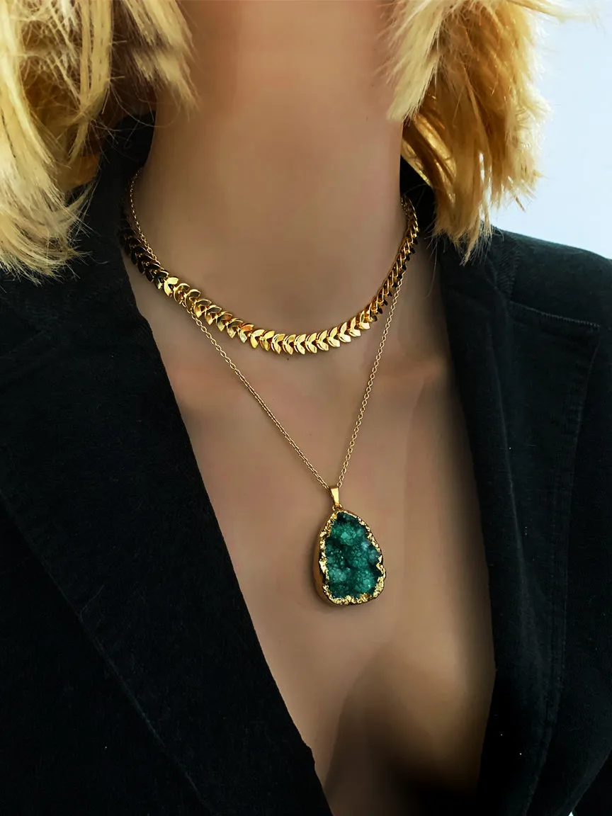 Gold Layer Necklace   Druzy Pendant