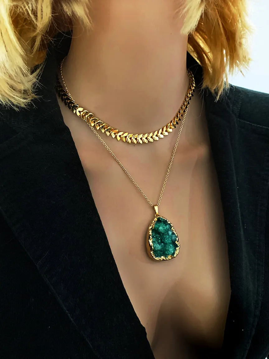 Gold Layer Necklace   Druzy Pendant