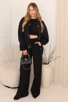 Mariah black quilted sweater jacket & wide leg trousers