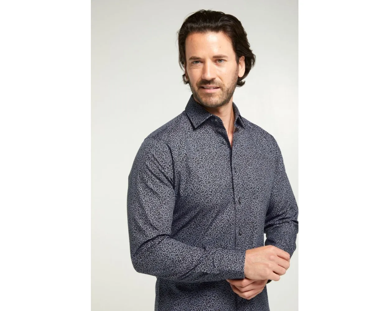 Mens Slim Fit Black & Grey Swirl Long Sleeve Casual Shirt