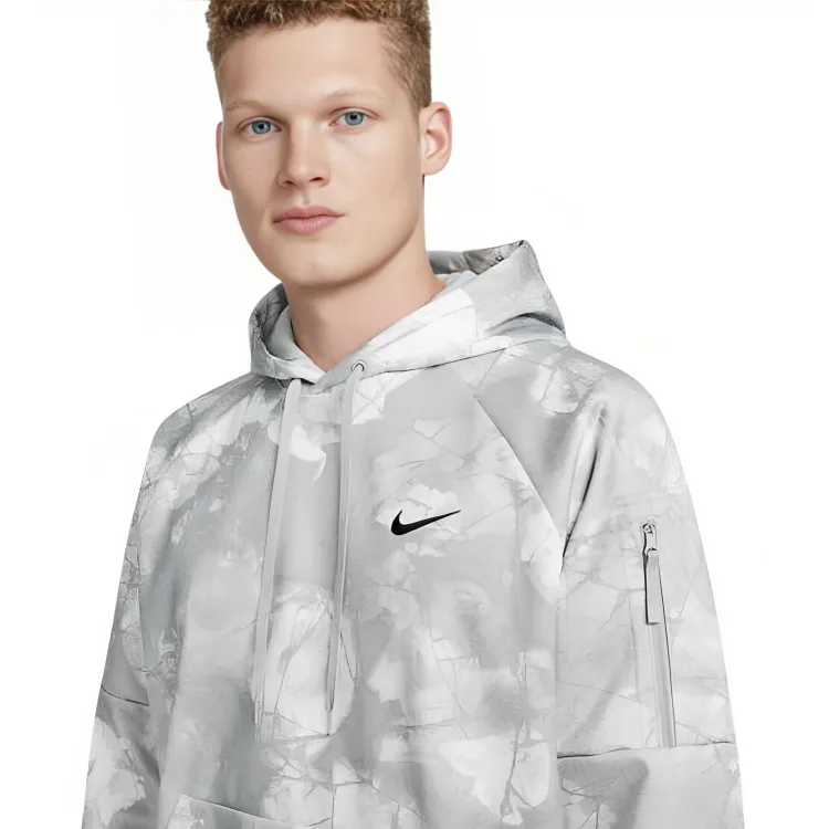 NIKE MENS THERMA-FIT PRINTED GRAY PULLOVER FITNESS HOODIE