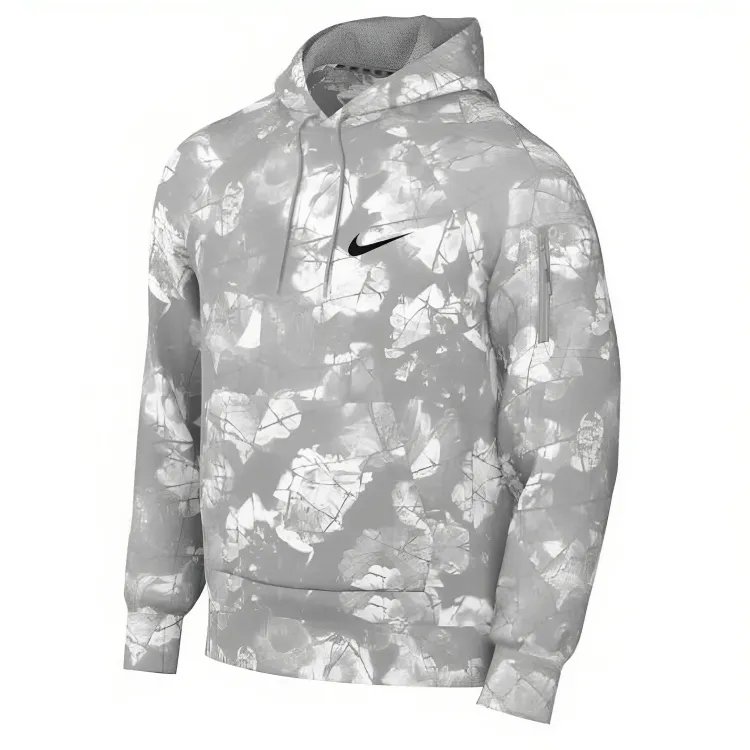 NIKE MENS THERMA-FIT PRINTED GRAY PULLOVER FITNESS HOODIE
