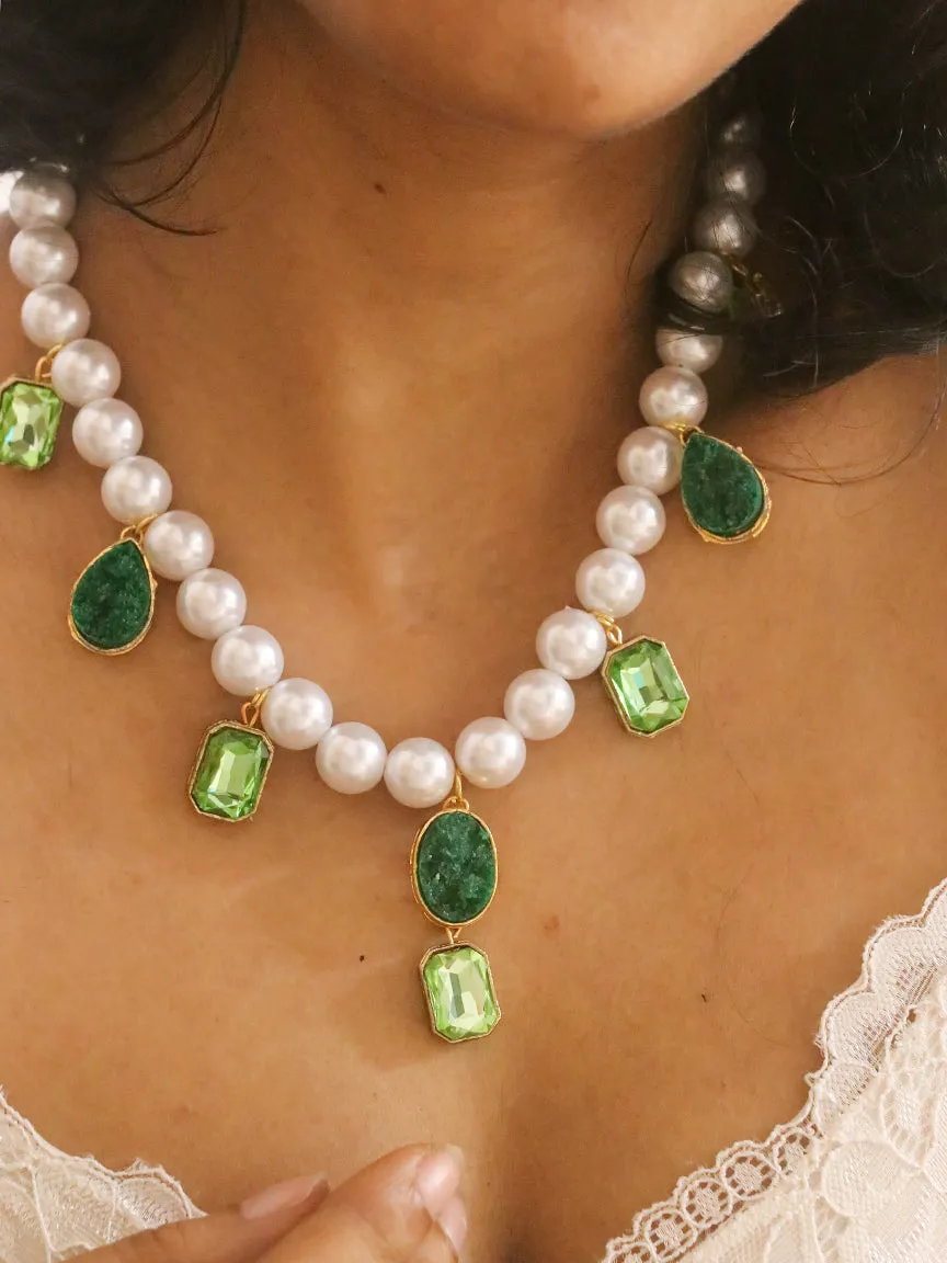 Pearls and Emerald Crystals Necklace