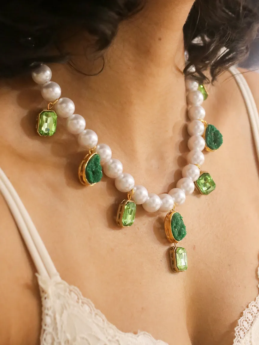 Pearls and Emerald Crystals Necklace