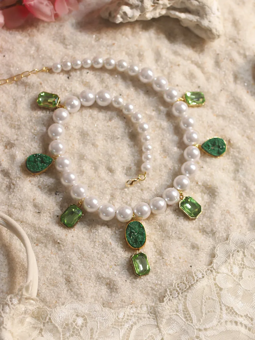 Pearls and Emerald Crystals Necklace