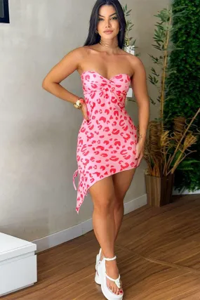 Pink Leopard Strapless Tie Irregular Hem Mini Dress