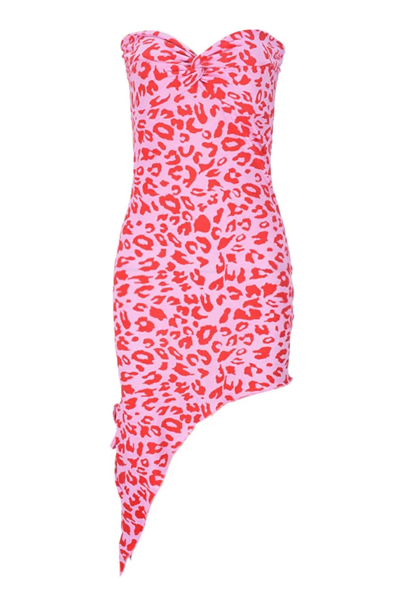 Pink Leopard Strapless Tie Irregular Hem Mini Dress