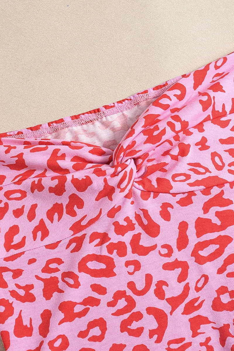 Pink Leopard Strapless Tie Irregular Hem Mini Dress