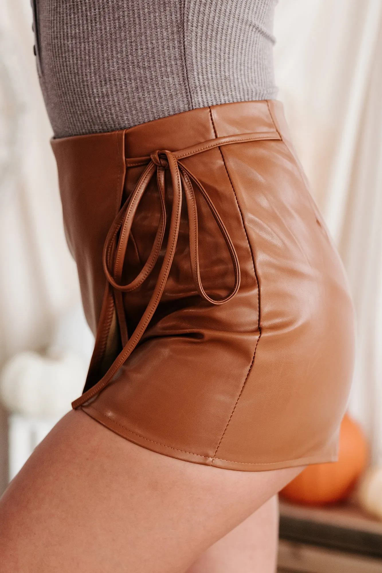 Steady Climb Faux Leather Skort (Camel)