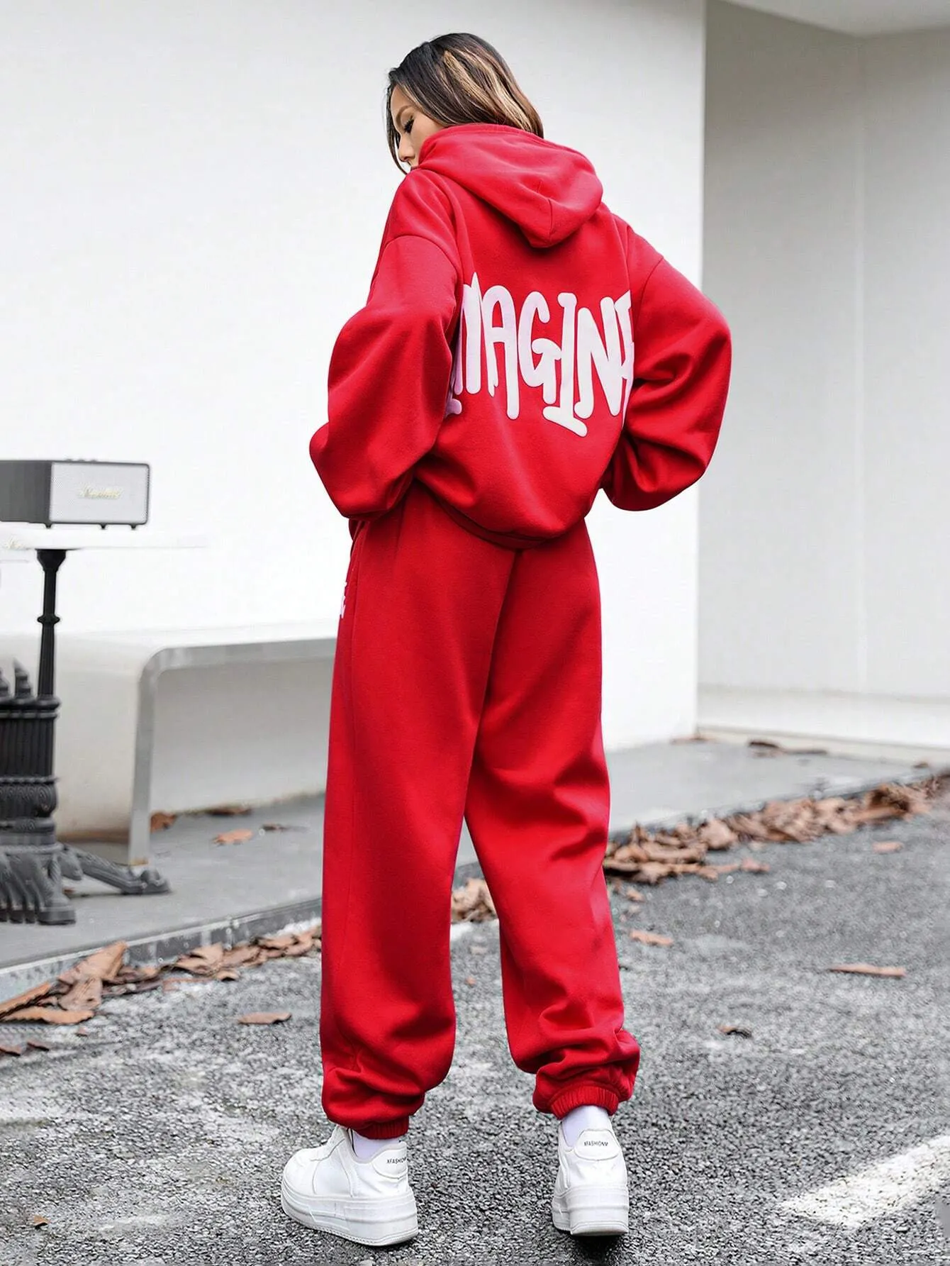 SXV Unisex 1pc Casual Letter Print Dropped Shoulder Loose Hooded Sweatshirt And 1pc Mid-Waist Drawstring Hem Sweatpants Set, Spring Autumn