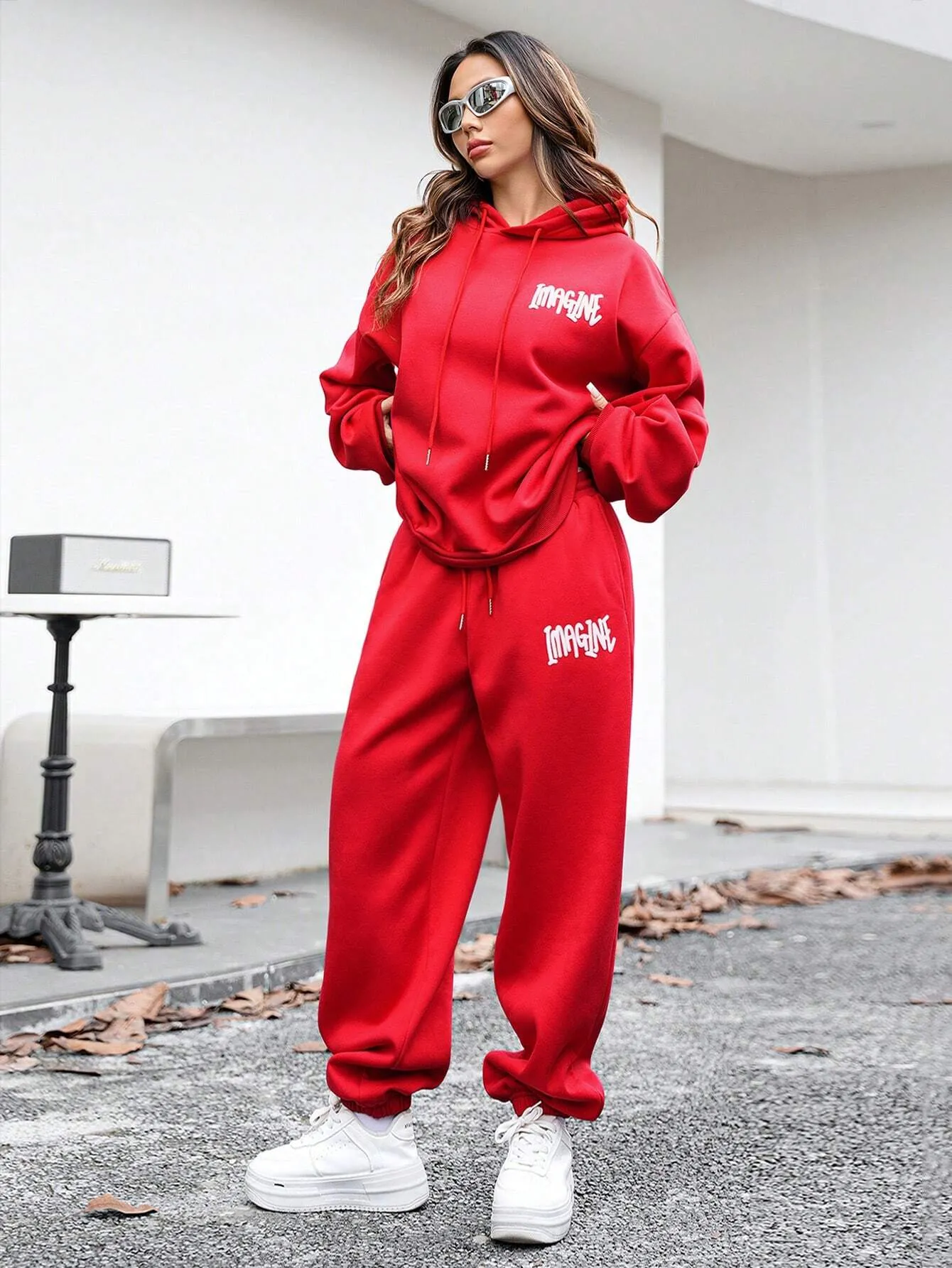 SXV Unisex 1pc Casual Letter Print Dropped Shoulder Loose Hooded Sweatshirt And 1pc Mid-Waist Drawstring Hem Sweatpants Set, Spring Autumn