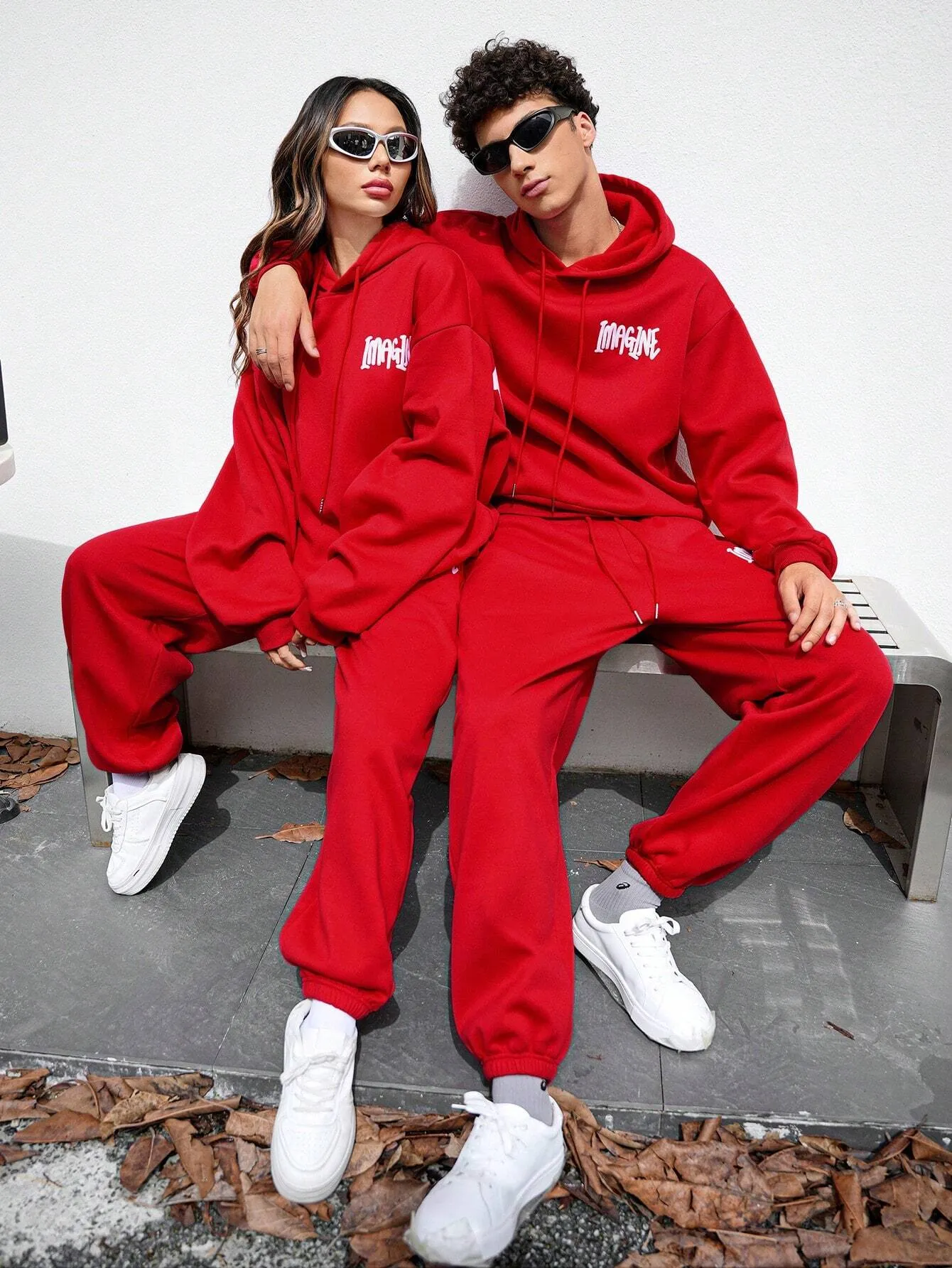 SXV Unisex 1pc Casual Letter Print Dropped Shoulder Loose Hooded Sweatshirt And 1pc Mid-Waist Drawstring Hem Sweatpants Set, Spring Autumn