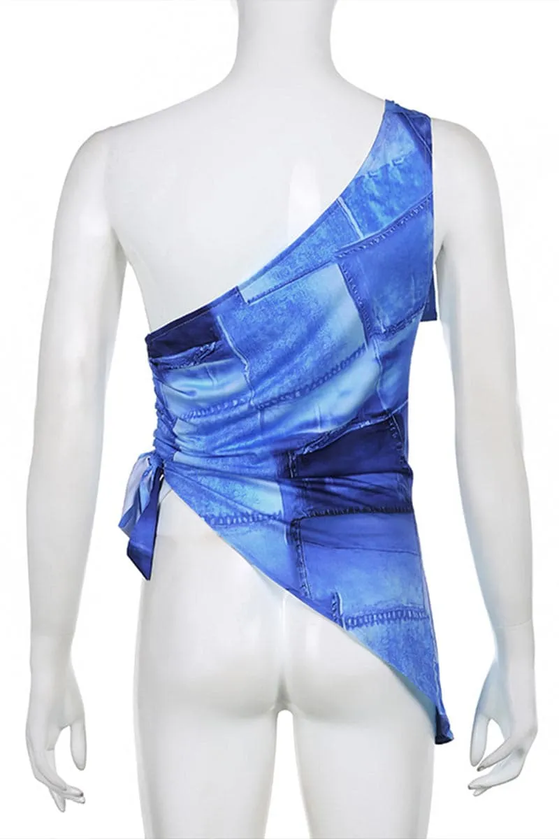 TB867 Tie Dye Denim One Shoulder Top