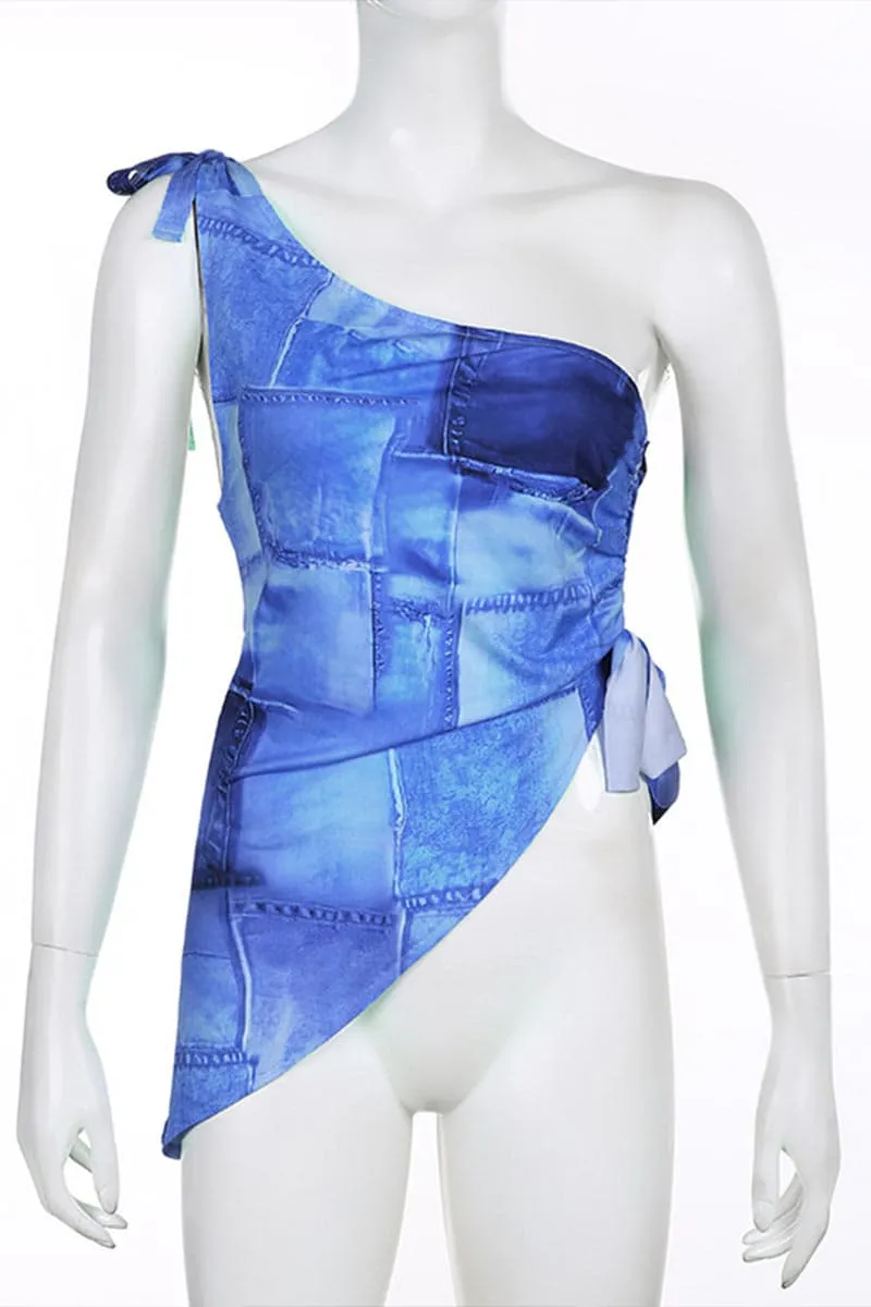 TB867 Tie Dye Denim One Shoulder Top