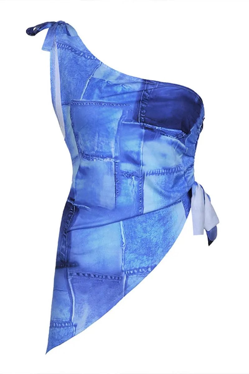 TB867 Tie Dye Denim One Shoulder Top