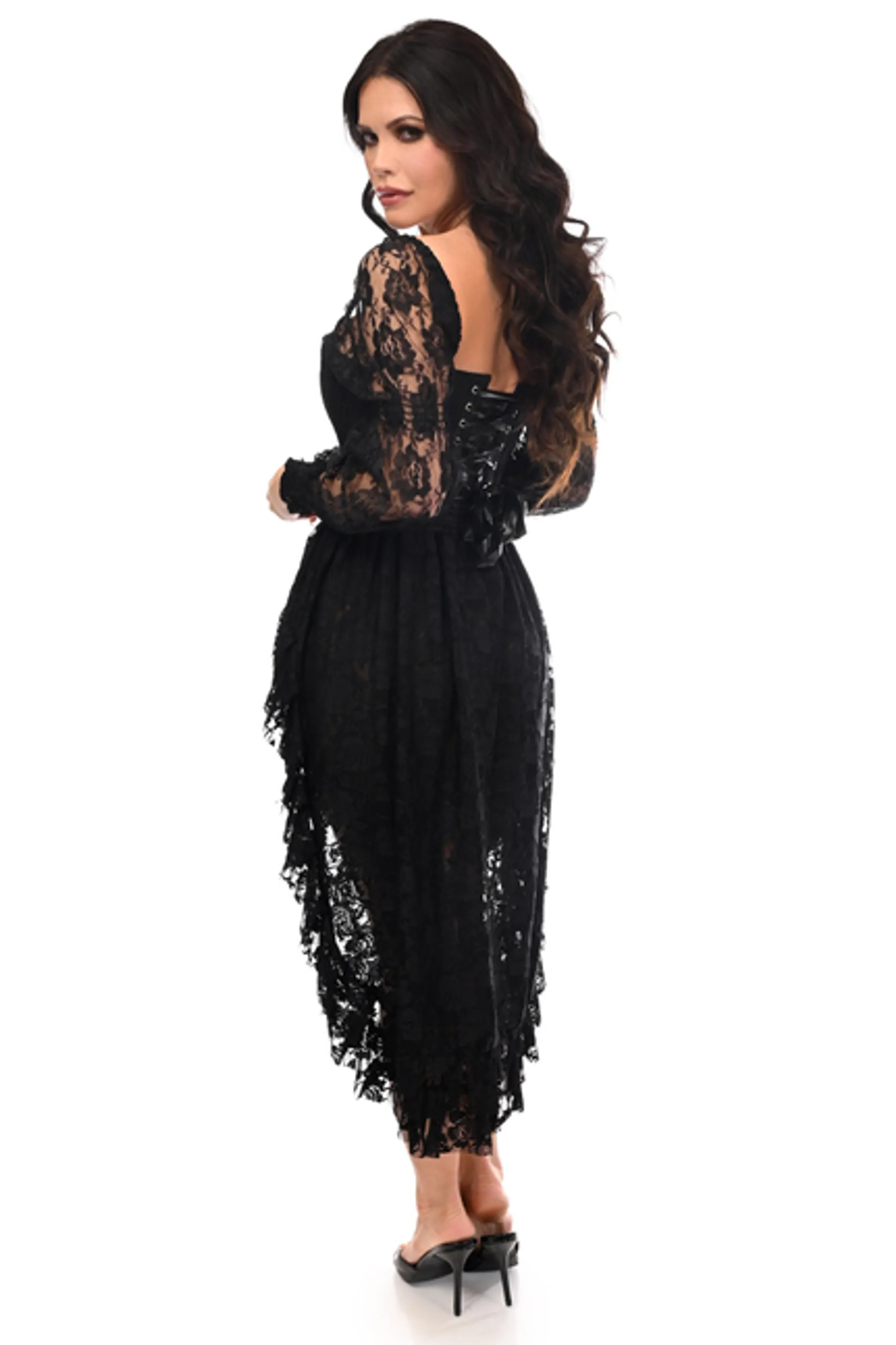 Top Drawer 2 PC Black Lace Steel Boned Corset & Lace Skirt Set